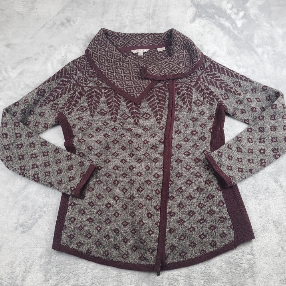 Royal Robbins Wool Blend Sweater Womens S Small Full Zip Cowl Gray Burgundy